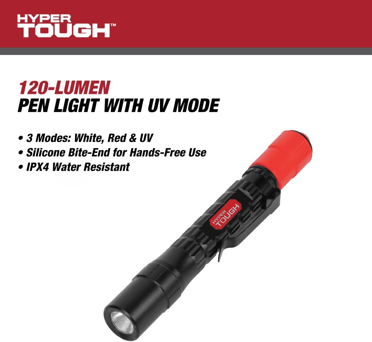 Hyper Tough 120-Lumen Pen Light with Bite Ring & Pocket Clip 2-AAA Batteries Included