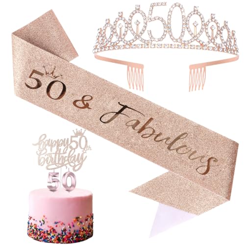 CIEHER 4Pcs Rose Gold 50th Birthday Gift: Crown, Sash, Candles, Cake Topper