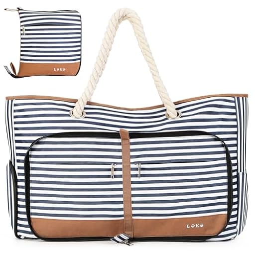 Lekespring Bolsa Playa Grande XXL Familiar con Cremallera Bolsa de Viaje, Impermeable Shopper Bolso de Hombro para Mujer, Bolsa de Mano Plegable para Playa/Viajes/Uso Diario, Azul Rayas | Ya disponible en tu tienda friki favorita! En mundofriki.es!