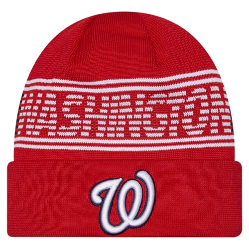New Era Unisex-Adult MLB Authentic Collection Primary Logo Wordmark Cuffed Beanie Cold Weather Knit Hat (Washington Nationals - Red)