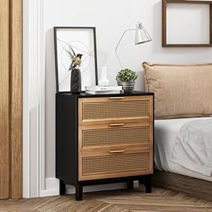 Farmhouse 3-Drawer Nightstand, Woven Cane Front Accent Dresser with Brass Pull, Fully-Assembled, Black Farmhouse 3 Drawer Nightstand Woven Cane Front Accent Dresser with Brass Pull Fully Assembled Black