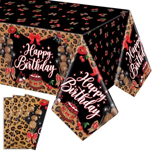Image of Hahafelt 3 Pcs Cheetah Cherry Disposable Tablecloth Happy Birthday Leopard Table Cover 54 x 108 Inch Plastic Table Cloth Birthday Party Decorations Supplies for Boys Girls Women Men