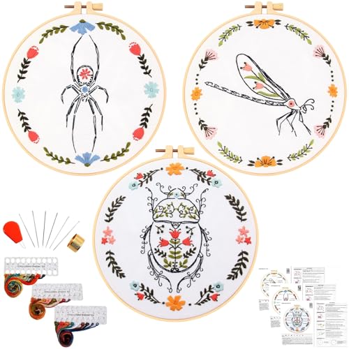 Image of Armindou Hand Embroidery Kits for Beginners Adults, Insect Flowers Embroidery Set Needlepoint Kits, Spider Stamped Cross Stitch Kits for Beginners Adults, 3 Embroidery Hoops (Attached Video Tutorial)