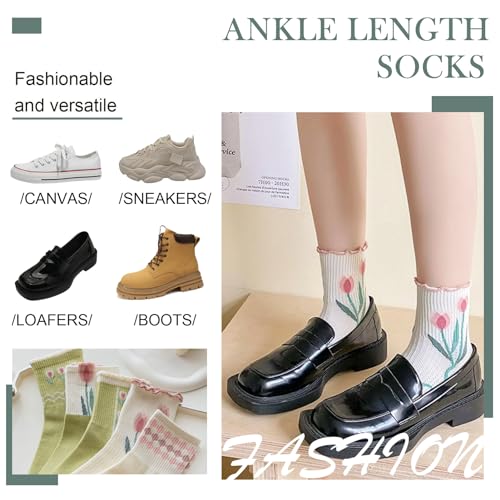 Image of 4 /5 Pack Cute Womens Floral Socks, Cotton Vintage Embroidered Casual Crew Socks, Girly Cottagecore Tulip Dress Socks