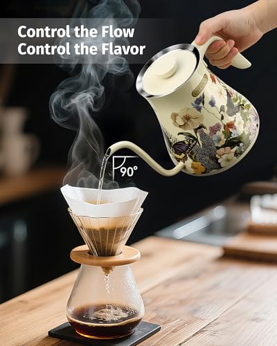 INFOOD 0.8L Gooseneck Electric Kettle, Precise Temperature Control for Pour Over Coffee & Tea, 1200W Fast Boiling Water, Auto Shut Off, Scheduling, Stainless Steel, Floral Painted Design - Image 2