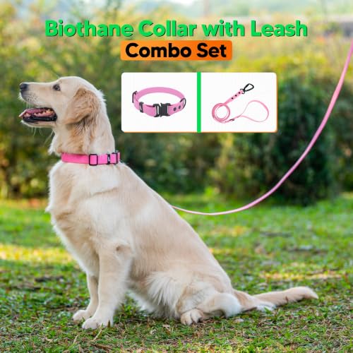 Image of Adil's Biothane Waterproof Dog Collar, Dog Leash & Collar Leash Combo | Heavy Duty TPU Coated Webbing | Adjustable Quick Release Buckle | Odour Resistant (Pink, M-18, Collar & Leash Combo)