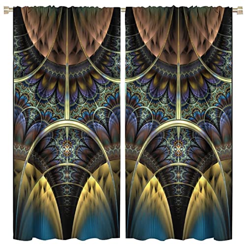 Abstract Window Curtains,Vintage Dark Orange Fractal Flower Colorful Geometric Shapes Blackout Window Door Curtains for Living Room Bedroom Hotels Decor,2 Panels W84xL84in