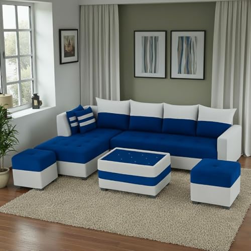 Image of FURNY Stolan 8 Seater Fabric LHS Sectional L Shape Sofa Set with Centre Table & 2 Puffy- (Blue-Light Grey Color)