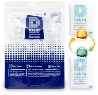 Dry & Dry 5 Gram [60 Packets] Orange Indicating(Orange to Dark Green) Premium Pure Silica Gel Packets Desiccant Dehumidifier - Food Safe Rechargeable(FDA Compliant) Silica Packets for Moisture