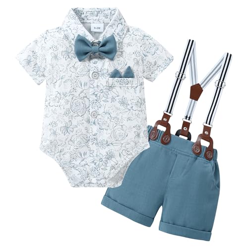 Image of YALLET Baby Boy Clothes Suit Infant Boy Gentleman Outfits Dress Romper Shirt+Bowtie+Suspender Shorts Set