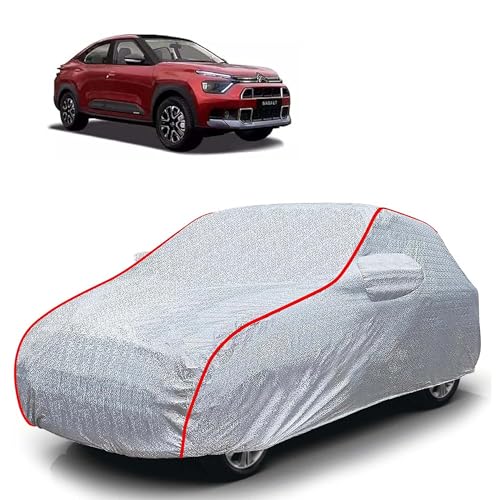 Image of Sulfar 100% Waterproof Car Body Cover Compatible with Mirror for CITROEN Basalt (Triple Stitched, Full Bottom Elastic, Magic Silver with Red Piping)