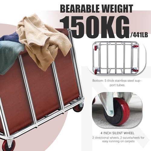 Carrito de lavandería comercial con ruedas, cubo grande con ruedas, forro impermeable extraíble, cesta de acero inoxidable para hoteles y hospitales