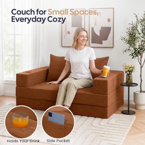 Image of COMAX Futon Sofa Bed, Convertible Sofa Bed, Folding Boneless Couches | Boneless Couch for living room, Fold Out Small Foldable Loveseat Floor Sleeper Mattress Lounge Space‑Saving, Orange