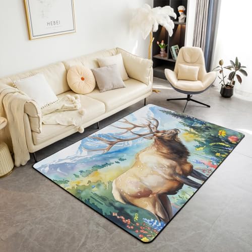 Jungle Deer Antler Area Rug 3'x5'x0.39'' for Bedside,Watercolor Wild Flowers Leaves Botanical Plants Washable Rug for Office Bathroom Decor,Colorful Tie Dyed Mountain Sky Indoor Floor Mat