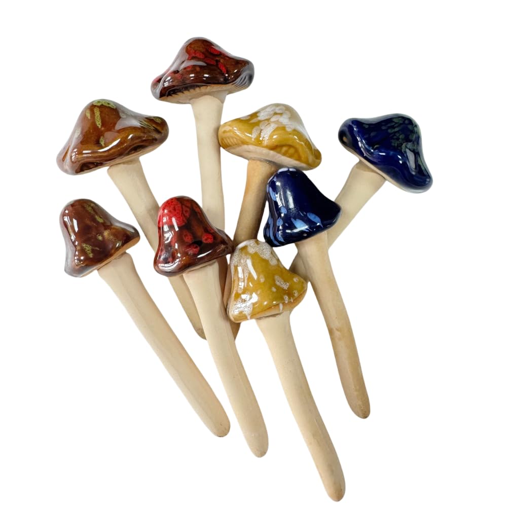 Urier 8Pieces Ceramic Mushrooms for Garden,4.7" Lawn Ornaments Fake Mushrooms,Mushroom Ornaments,Plant Decorations for Pots,Mushroom Figurine Yard Ornaments Outdoors (Multicolour)