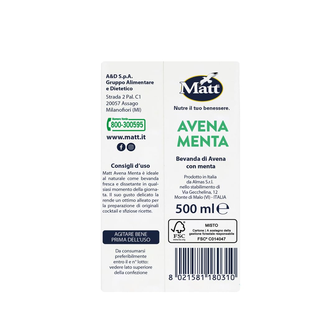 Matt, Avena Menta, Bevanda Vegetale, Latte Avena con Estratto Naturale di Menta, Senza Lattosio, a Basso Contenuto di Grassi e di Sale, Ideale per Tutta la Famiglia, 500 ml