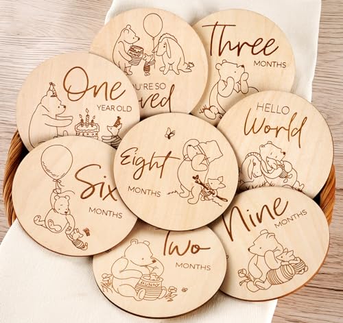 Image of Winnie Baby Monthly Milestone Marker, Wooden Discs for Baby Photo Props with Hello World Newborn Sign - 8Pcs Double Sided Signs- Laser Engraving