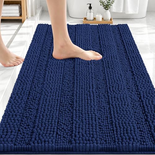 Image of OLANLY Thick Bathroom Rugs 30x20, Extra Absorbent Chenille Striped Bath Rugs, Rubber Backing, Machine Wash Dry, Bath Mats for Bathroom Floor, Tub and Shower, Home Decor Accessories, Twilight Sapphire