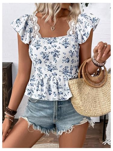 SweatyRocks Women's Floral Printed Lace Blouses Tie Back Ruffle Sleeve Square Neck Peplum Tops4