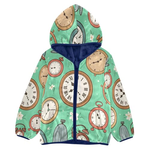 Clocks on Green Background Pattern Toddler Fleece Jacket Girl Boys Hooded Fleece Jacket Coat Warm