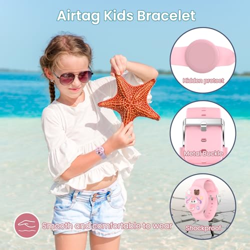 Image of Waterproof Air tag Bracelets for Kids (2 Pack) - Soft Silicone Hidden Air tag Wristband - Lightweight GPS Tracker Holder Compatible with Apple Airtag Band for Child (Pink /White)