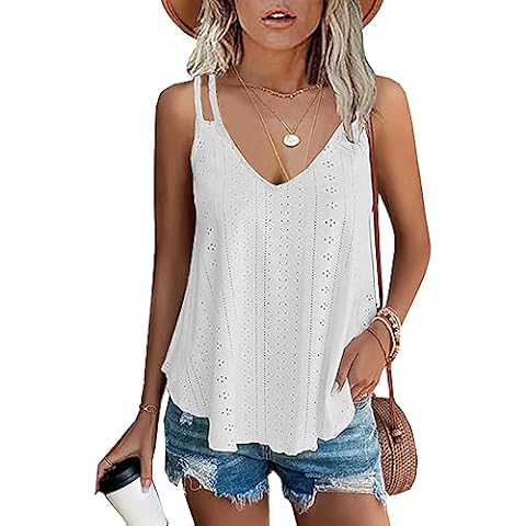 JAWINT Womens Tank Tops Summer Sleeveless V Neck Embroidery Casual Cute Flowy Loose Fit Shirts White Cover