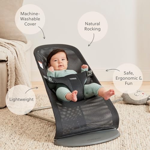 Image of BabyBjorn Bouncer Bliss, Anthracite, Mesh | 2-in-1 Adjustable Baby Bouncer Seat and Toddler Chair, Newborn to Toddler (8-29 lbs), 4 positions, Lightweight & Portable