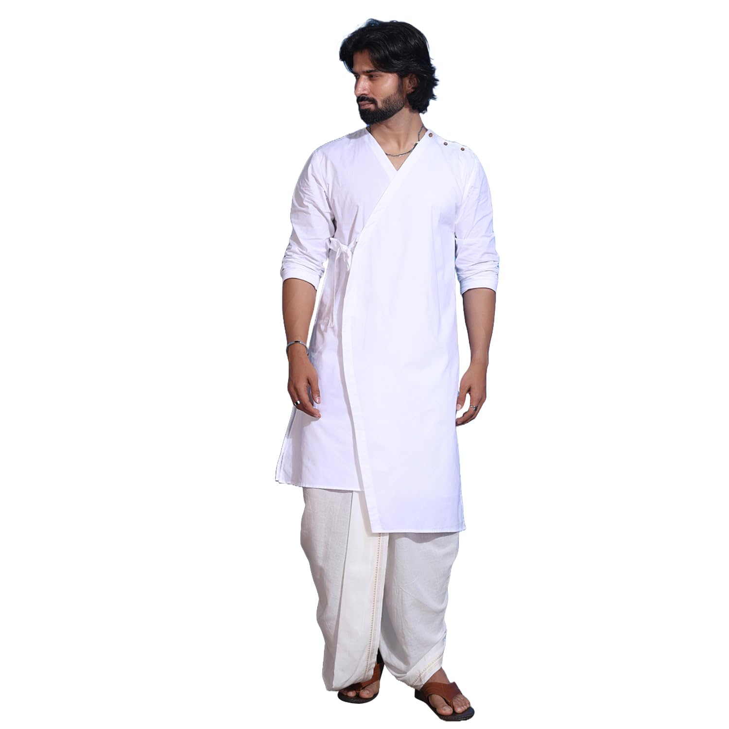 Vero Moda Men's Cotton Knee Length Straight Kurta | Side Slits | V-Neck (IFK090-B) in neutral