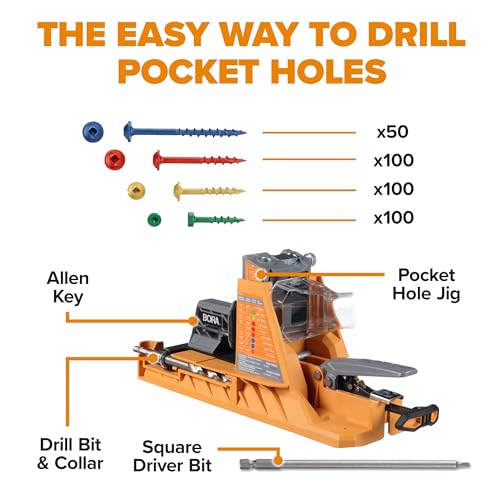 Image of BORA Automatic Pocket Hole Jig with 350 pc Pocket Hole Screw Set, Auto Adjusting Drill Guide, Pocket Hole Jig Kit for Woodworking - For Materials 1 /2 inch to 1-1 /2 inch Thick, Power Tool Accessory Jigs