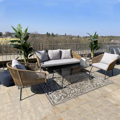 Image of Amazon Brand - Solimo Solix Outdoor Rope Sofa Set | Balcony Sofa | Patio Conversation Sets | Braided Rope Garden Sofa Set and Center Table (5 Seater-Beige)