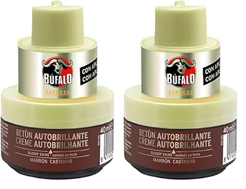 Búfalo Express - Betún en Crema Autobrillante Color Marrón, Cuidado del Calzado y Color, Brillo Satinado Superior, Esponja Integrada - Tarro de 40ml (Paquete de 2)