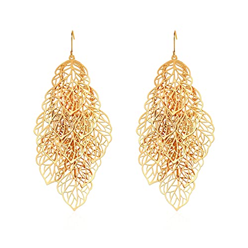 14K Gold Plated Leaf Dangle Earrings for Women Big Gold Statement Drop Earrings