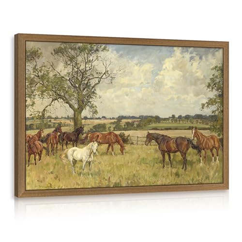 Clicyre Horse Pasture Wall Art, Vintage Country Canvas Print, Western Landscape Artwork, Peaceful Rustic Farmhouse Brown Horse Wall Decor for Living Room Bedroom Hallway Office Wood Framed 16x24 Inch