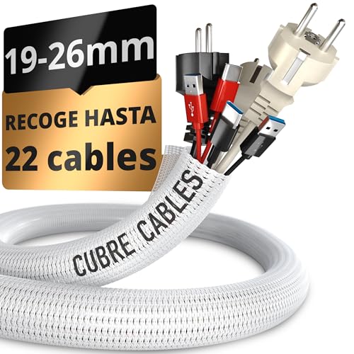 Cubre Cables 3m Gran Capacidad 19-26 mm-Autocierre Antimascotas-Flexible Cortable-Oculta Organiza Cables-Instalación Fácil-Recoge Cables Escritorio TV Oficina Gaming-Pared Orden PC Hogar Salón-Blanco