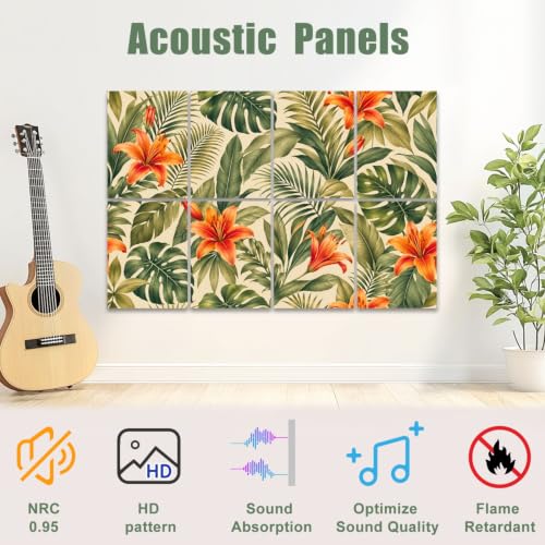 8 Pack Paneles Acústicos de Arte Absorbentes de Sonido con Diseño Tropical en Verde, Oro y Flores, Paneles Decorativos Autoadhesivos para Estudios de Grabación y Oficina 48"x32" miniatura 3
