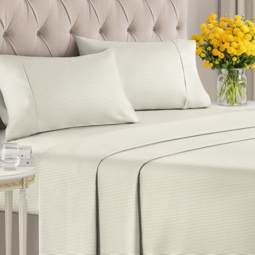 Image of Full 4 Piece Striped Sheet Set - Soft, Breathable & Cooling - Beige Ombre