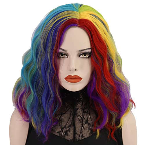 Cfalaicos Women Short Curly Bob Wavy Wig for Cosplay Party Halloween Heat Resistant Wigs Full Head Wig with Free Wig Cap (Red Yellow Purple Rainbow)