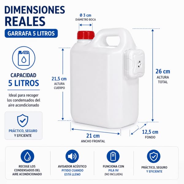 Bilake Garrafa de 5L con avisador acústico | Bidón 5 litros | Garrafa condensados Aire Acondicionado | Garrafa plástico Blanca