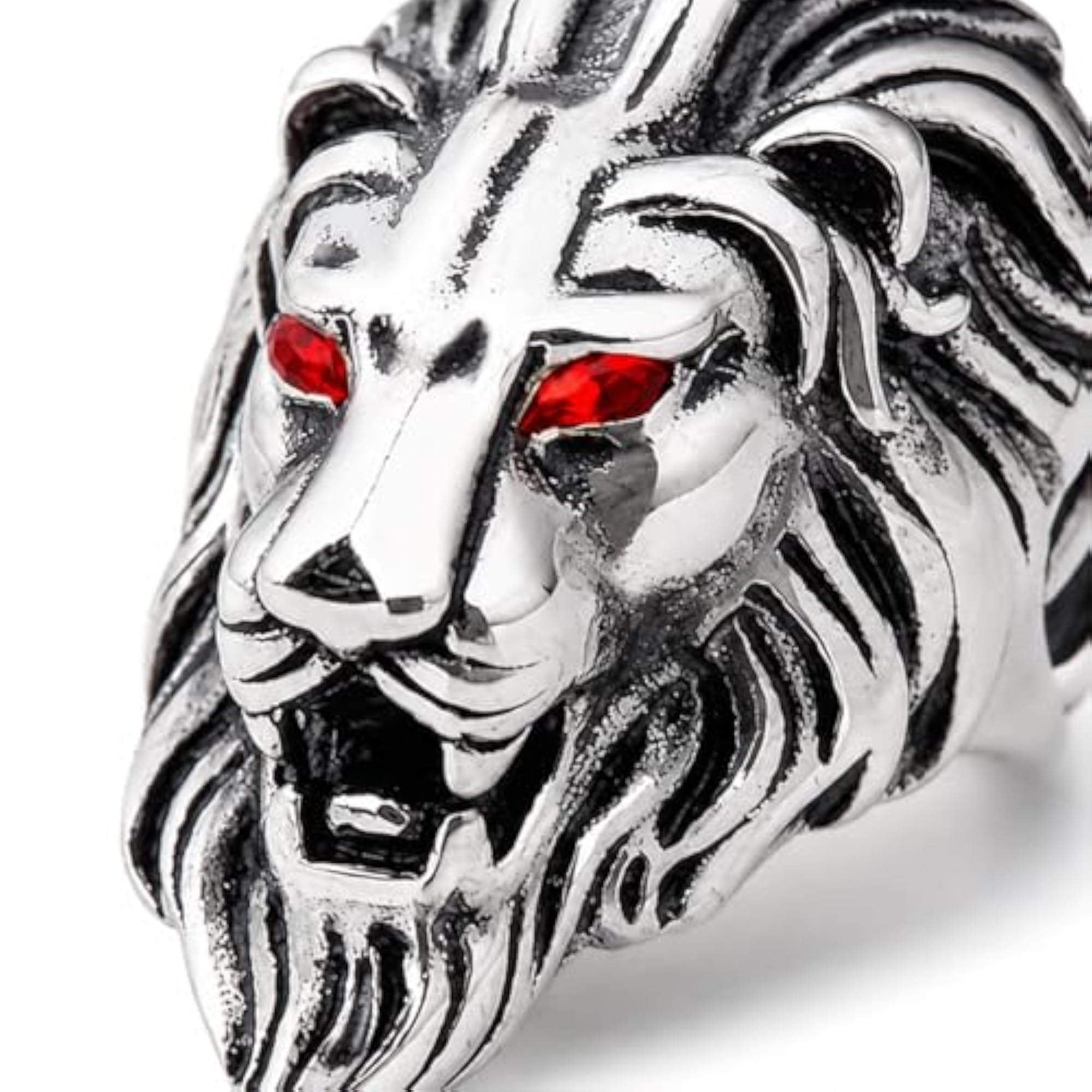 Biker Gold Plated Ruby Red Stone Lion Head Ring, Statement Piece