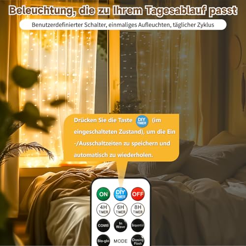 SINAMER Lichtervorhang Innen 3x3m, 300 LEDs USB, Fernbedienung & 8 Modi – Ansicht 3