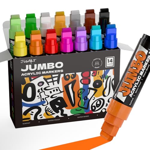 JusArt 14 Colors Jumbo Markers for Quick Bold Poster Banner Sign Lettering and Coloring 15mm Wide Tip Acrylic Markers for Rock Fabric Ceramic Metal DIY Crafts