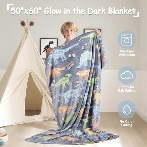 image for Guguden Dinosaur Glow in The Dark Blanket Dinosaur Throw Blanket for B