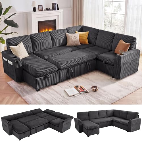 WUNSTANTE Sectional Sleeper Sofa with Pull Out Bed, Plush Corduroy 7 Seat Modular Sectional Sofa...