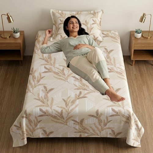 Image of Mafatlal 186 TC Metro Cotton Single Bedsheet | 90 x 60 Inch|Soft, Breathable & Lightweight | with Matching Pillow Cover| Cream Gold