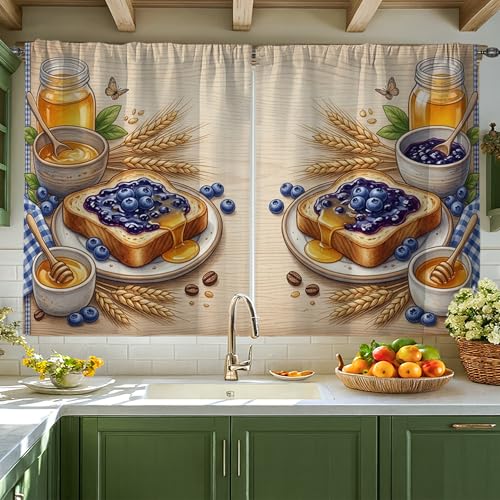 Blueberry Rideaux rustiques pour cuisine, buanderie, évier, couloir, appartement, décoration de fenêtre 106 x 114 cm, bleu miel d'été