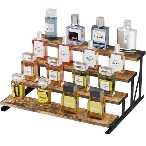 Lifewit Expositor de madeira de 4 níveis com suporte de metal, prateleira de colónia, organizador de perfume, prateleira para fragrâncias, cuidados com a pele, figurras, sobremesa, castanho rústico