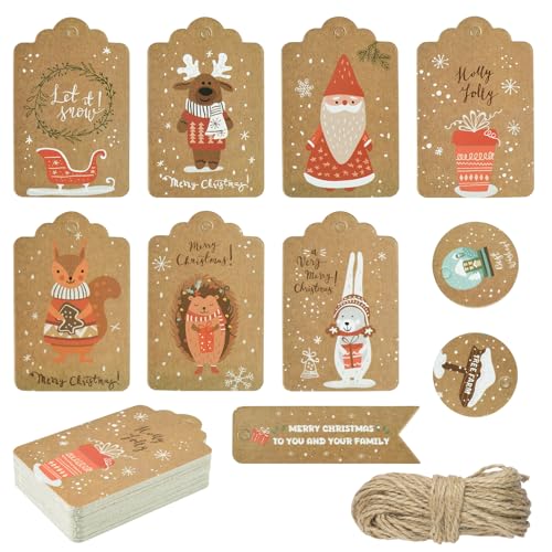 TAIYOU 60 pcs Geschenkanhänger Weihnachten Kraftpapier Christmas Tags Retro Etiketten Weihnachten mit Schnur Christbaumschmuck für Geschenke Verpackung Decor 10 Designs B