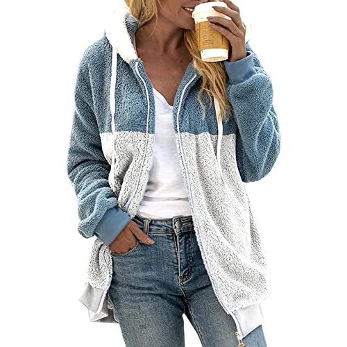 Fuzzy Fleece Jackets for Women Plus Size Hoodies Fall Winter Coats Color Block Patchwork Cardigan Coat with Pockets