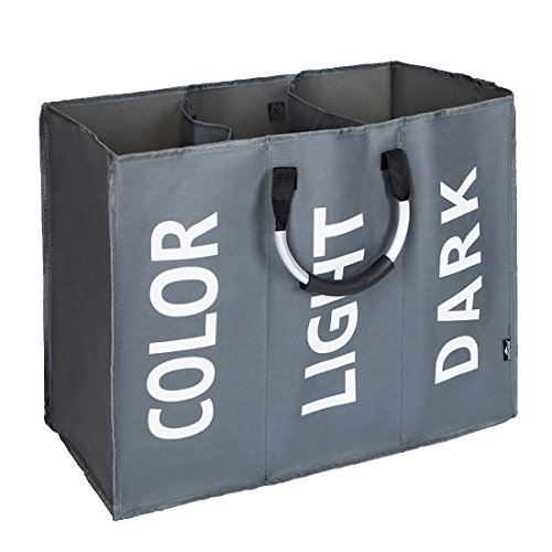 DOKEHOM Großer Wäschekorb, 3 Fächer, klappbar, 2 Farben, für Schlafzimmer, Stoff (dunkelgrau)
