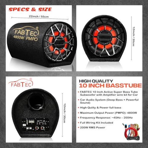 FABTEC 10” 4800W Active Bass Tube Subwoofer for Car Built-in Amplifier Deep Punchy Bass Premium Grey Finish with Amplifier Wire kit